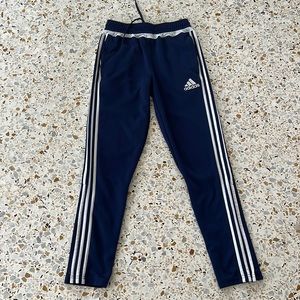 ADDIDAS NAVY BLUE AND WHITE TRACK PANTS WITH ZIPPERS BY THE ANKLES